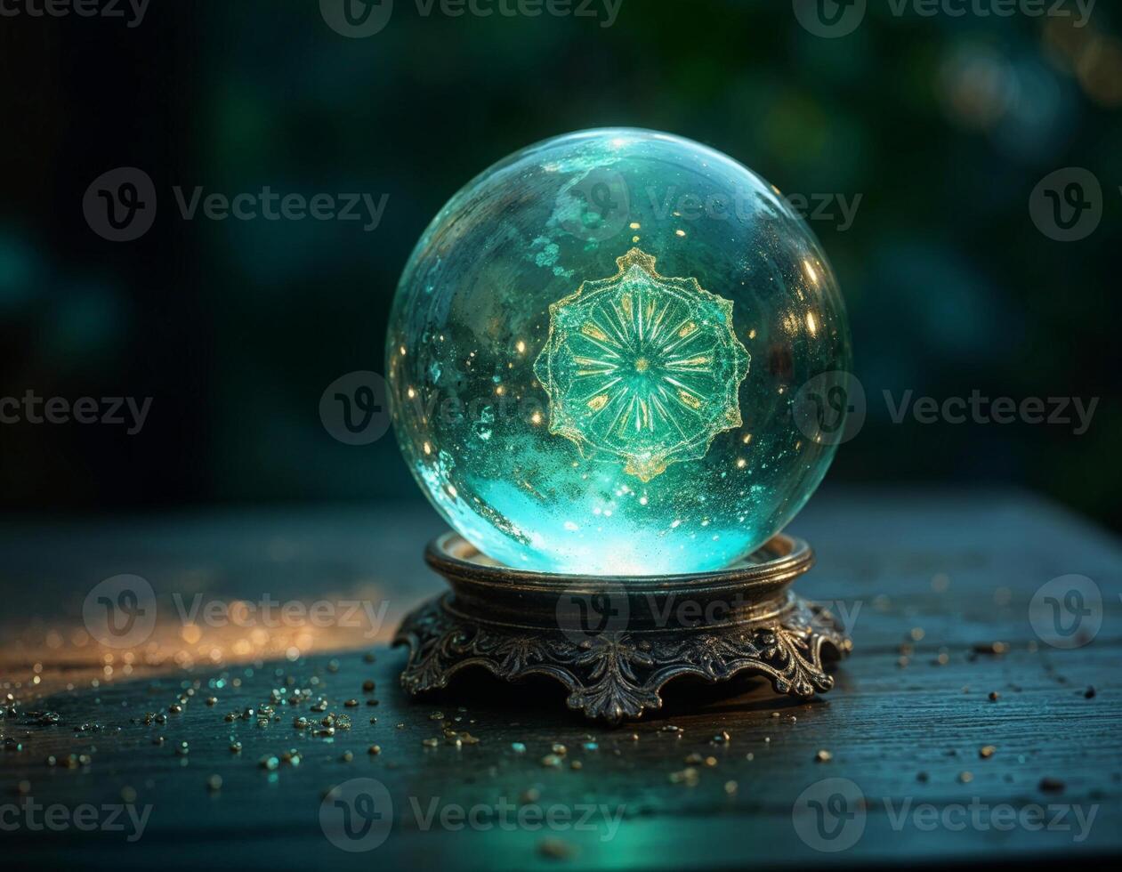 a crystal sphere ball with a glowing religious symbol design inside of it is on an ornate wooden table photo