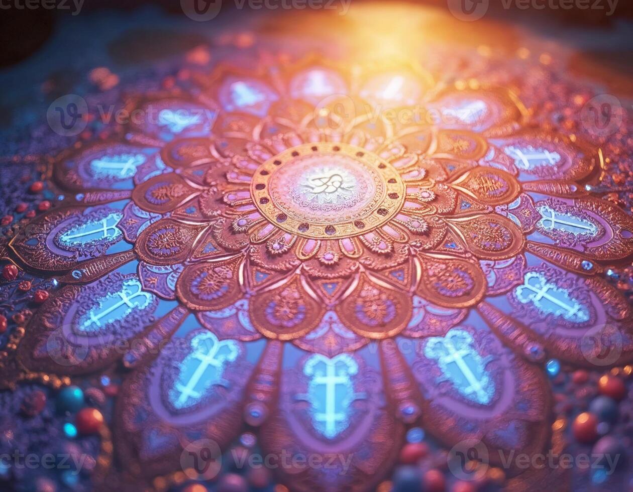a colorful mandala design with a blue light shining through it and religious symbols with sun beams shinning on it photo
