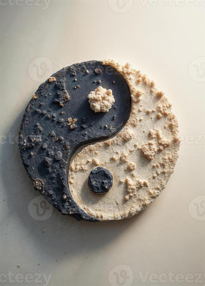 a yin yang symbol made of black and white dirts on a white surface photo