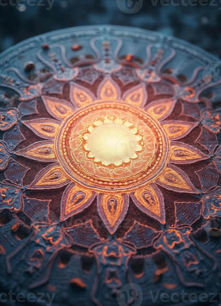 a colorful circular design of mandala with a sun in the center on purple background photo