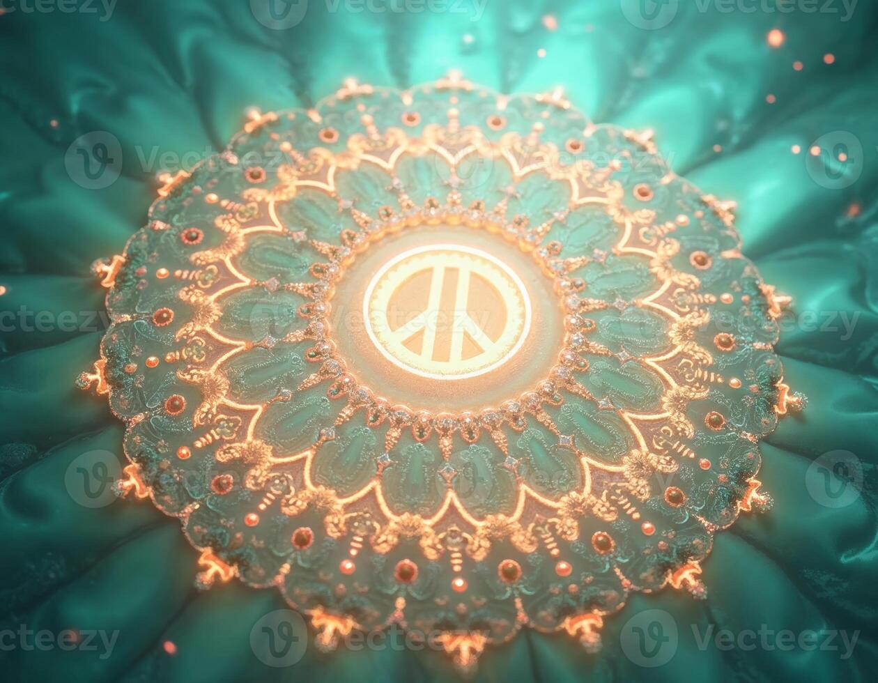a peace sign is shown in a circle on a turqoise background photo