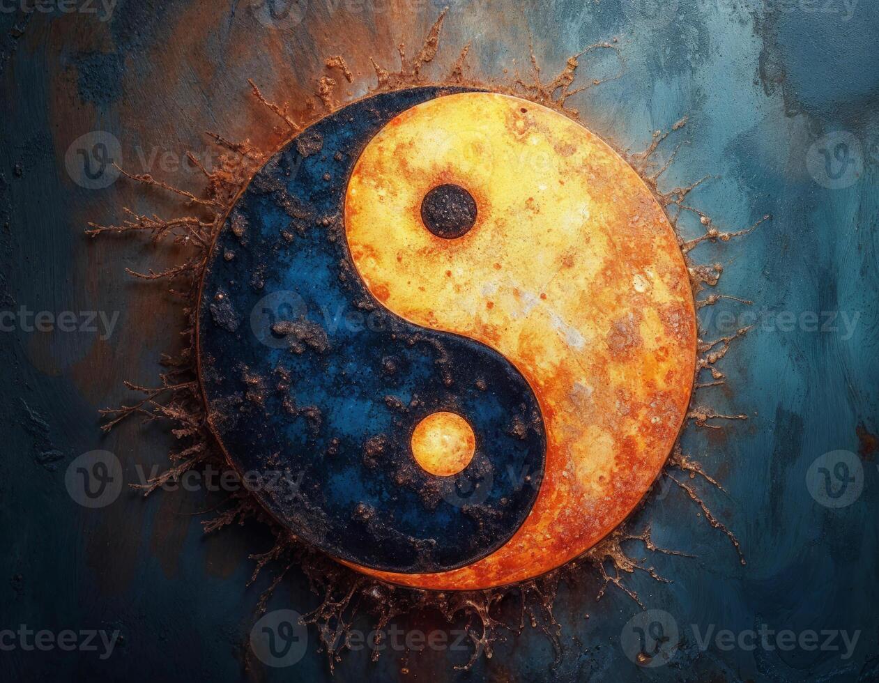 yin yang symbol on a rusty background with dirt explosion arround it photo