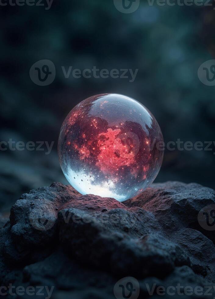 a crsytal sphere ball with red glowing water shining through it on the rocks surafce photo