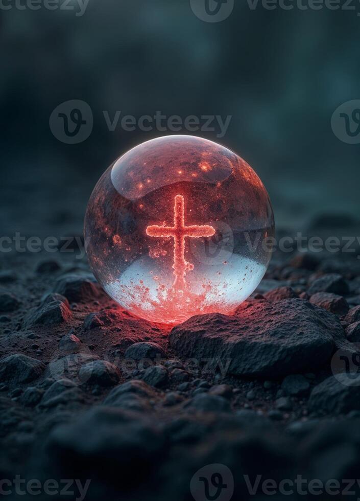 a crystal sphere ball with a glowing red cross inside on rocks photo