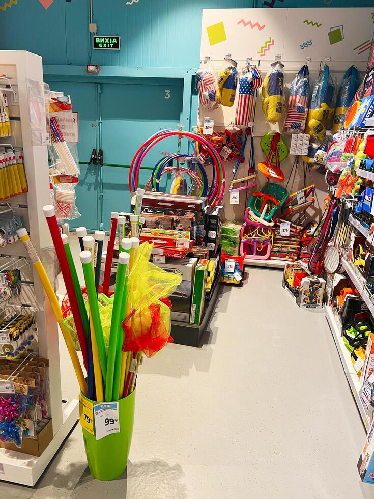 Kyiv, Ukraine - November 20, 2024 Colorful array of sports and leisure goods in a store aisle photo