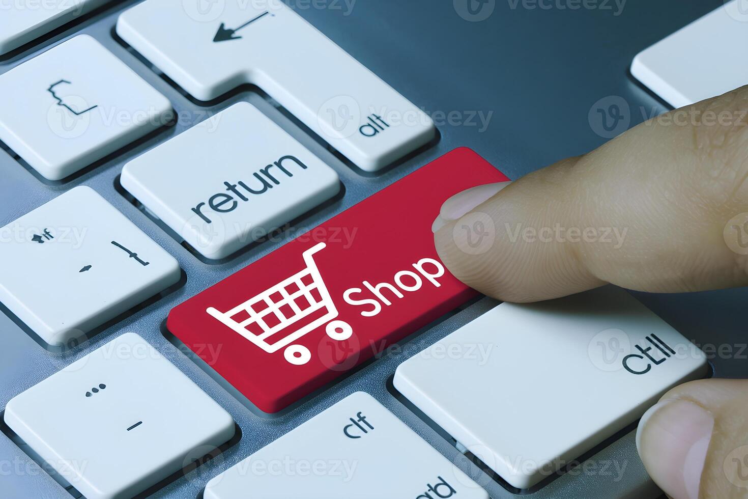 Red Shop key on keyboard, finger hovering, ready for online shopping action photo