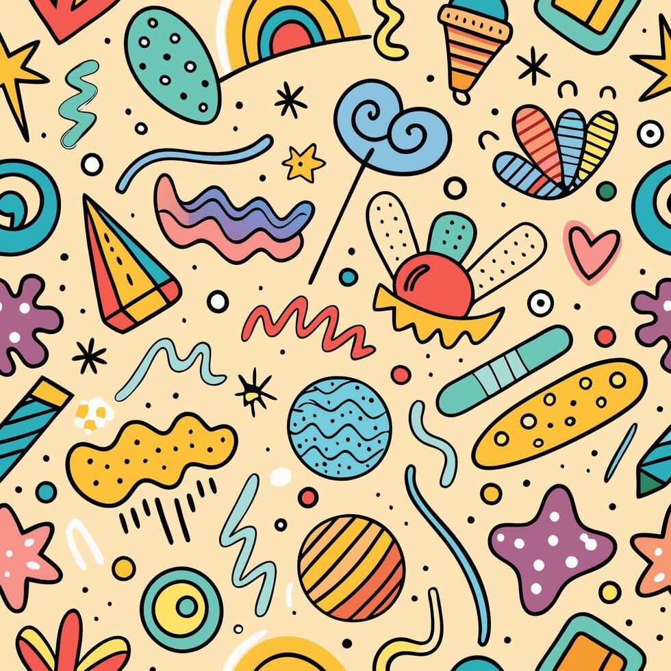seamless pattern with colorful doodles and objects vector