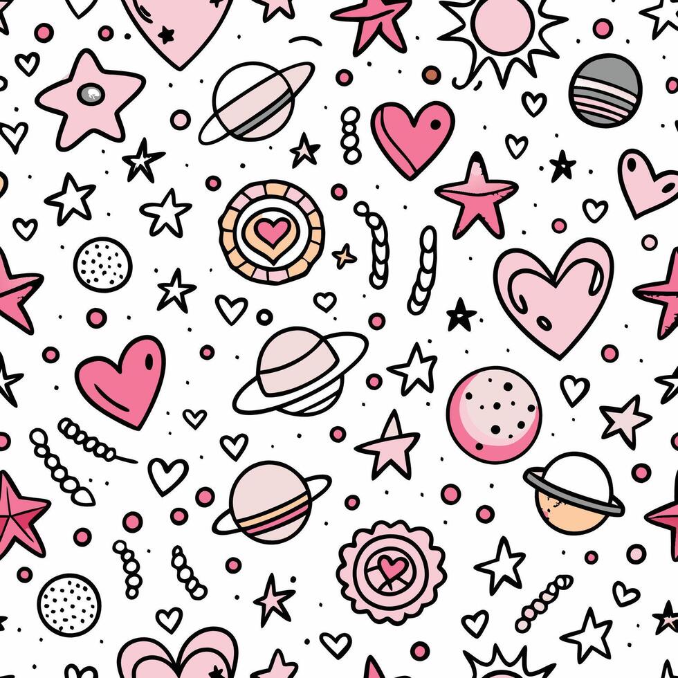 a pink and white seamless pattern with hearts, stars and planets vector