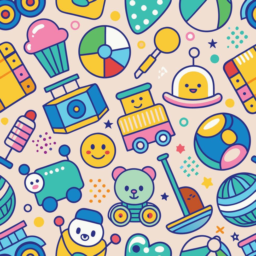 a colorful pattern with toys and other items vector
