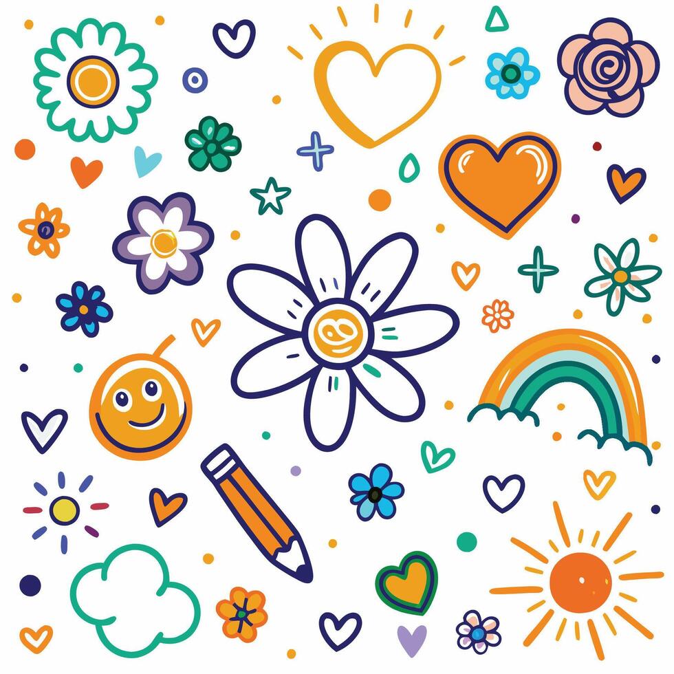 a colorful set of doodles with hearts, flowers and other objects vector