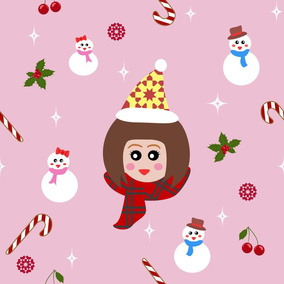 A Face of Smile Girl wearing a Party Hat and Red Scarf. Snowman Wearing hat ribbon scarf. Merry Christmas Pattern with a Girl and Snow winter materials seasons Decorations. Seamless xmas festive vector
