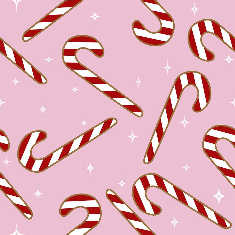 There are Candy Canes on Pink Glitter Background. Seamless Pattern for Christmas and Happy New Year. children, sweets, happy, dessert, brightly, stars, twinkle, sparkle vector