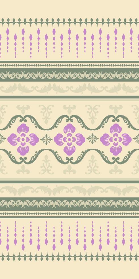 The Botany Classy Traditional of Violet Floral and Green Ornament On Pale Green Background. Seamless Pattern. Elegant Tribal Vintage Garden. Illustration for Elegant Textile Design, Saree, Pate vector