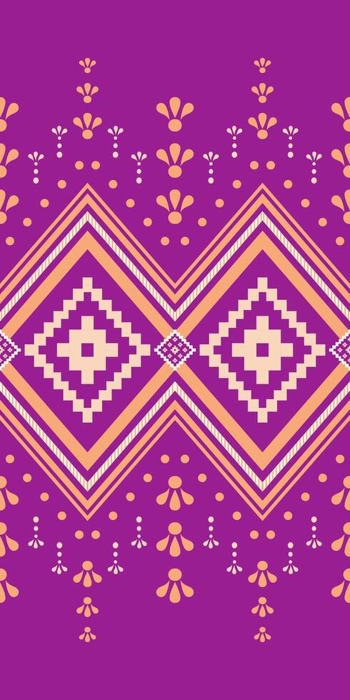 Vintage Traditional Homespun With Floral Ornament Orange Embroidery On Violet Background. Tribal Paisley Seamless Pattern. Geometric Diamond Round Dots Exquisitely Combine Illustration Fabric. vector