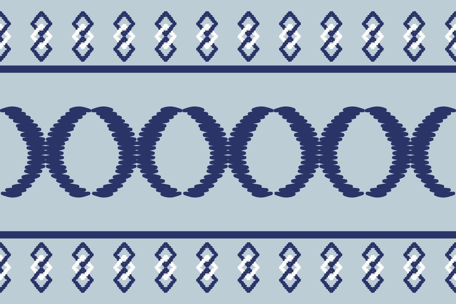 Geometric ikat pattern Stripe Drawing line Circle Border. Deep blue and white connected ornament on grey background. Ethnic Embroidery Background. Seamless Pattern Silk Weaves Homespun Craft vector