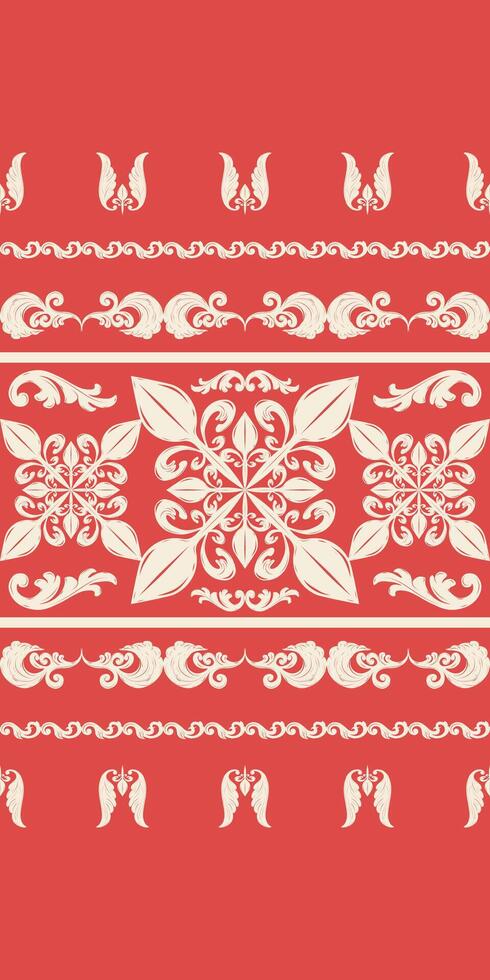 Classy Red and Beige Embroidery Hand Craft Illustration. Seamless Pattern. Scroll Work inspired by Nature. Elegant Floral Feather Leaves Ornament design for print striped, textile, hand draw. vector