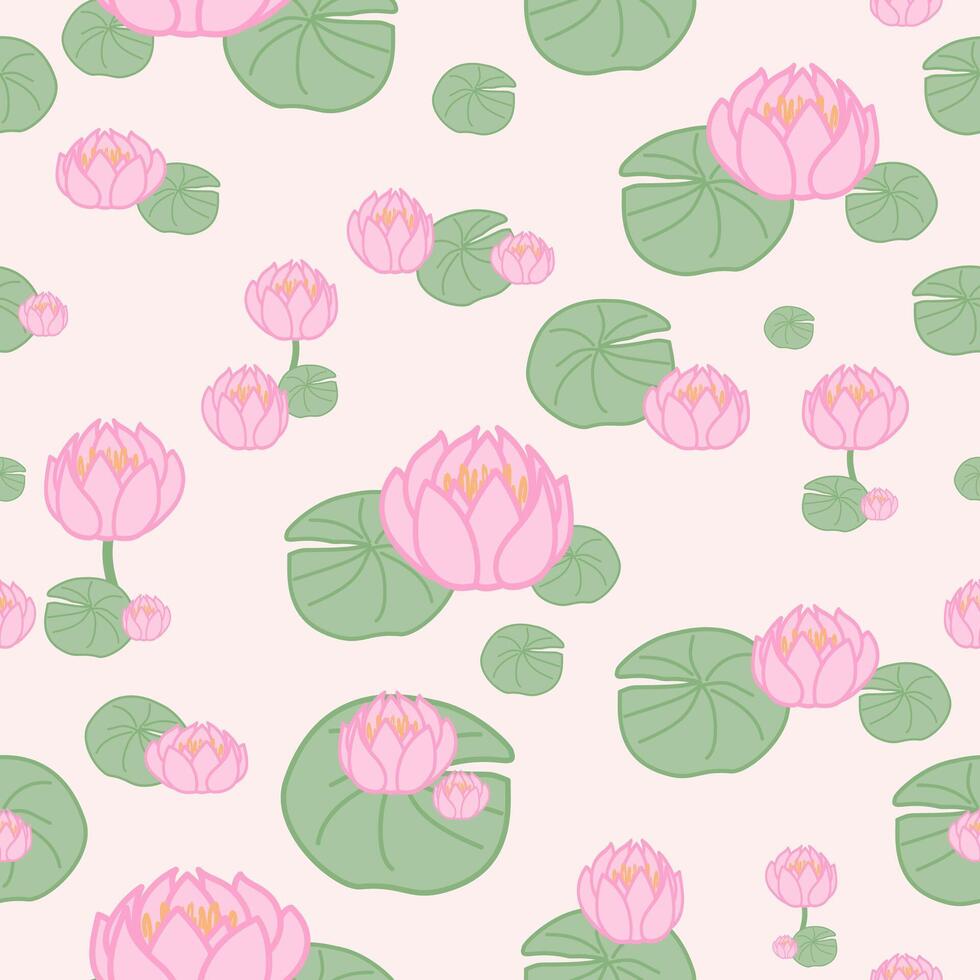 Bright Greenery Pink Lotus Pond Hand Draw Work Seamless Pattern. Waterlily Pad Garden Background. Asian Motif Botany Design illustration. Floral, Blooms, Wallpaper, Decoration, Therapy, yoga vector