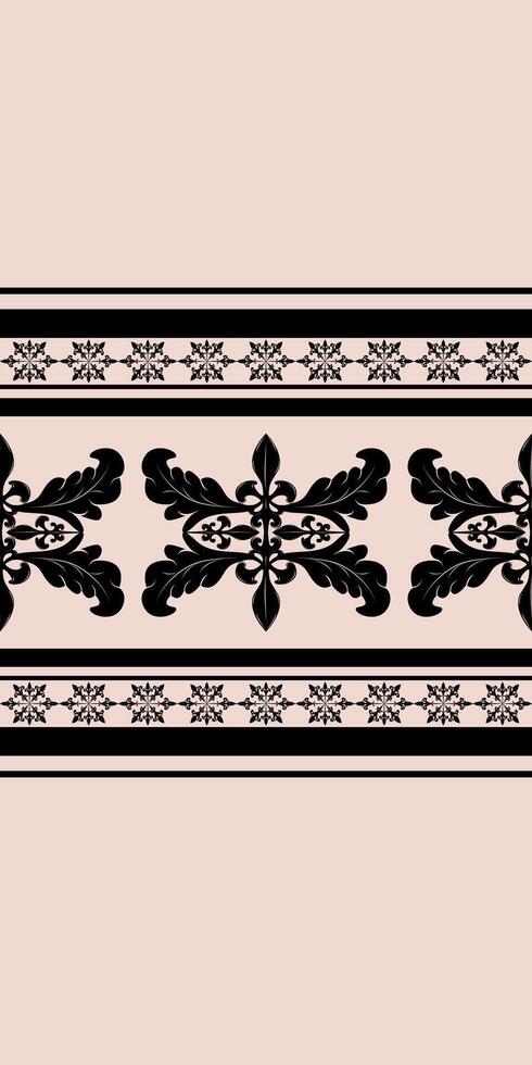 Elegant Mystery Rich in Black Embroidery on Light Beige Nude Pink Background Seamless Pattern. Stripe with Scroll Ornament Sign Of Nature Feather leaf. Illustration for Elegant Textile Design. vector