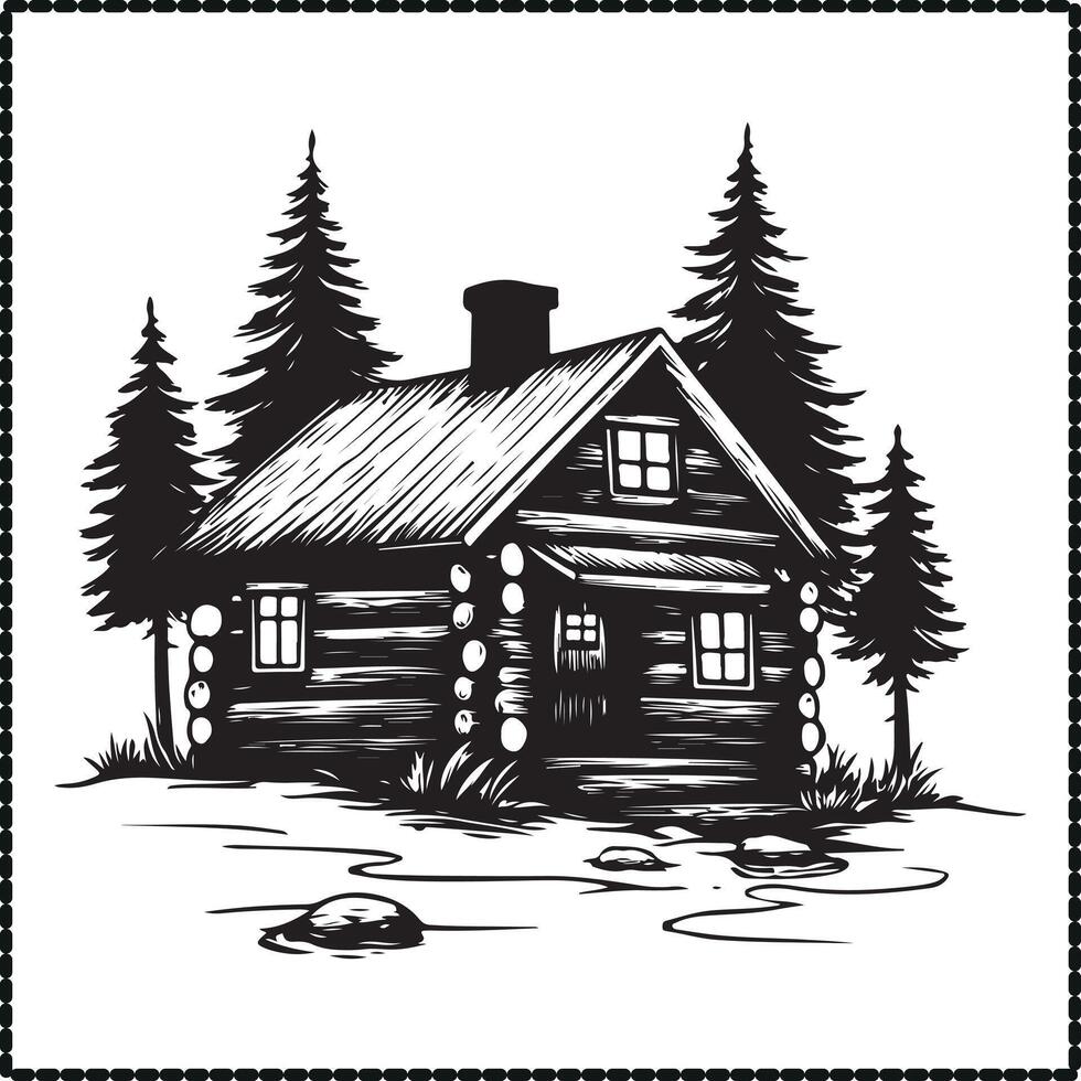 Log Cabin Silhouette, Rustic Clipart vector