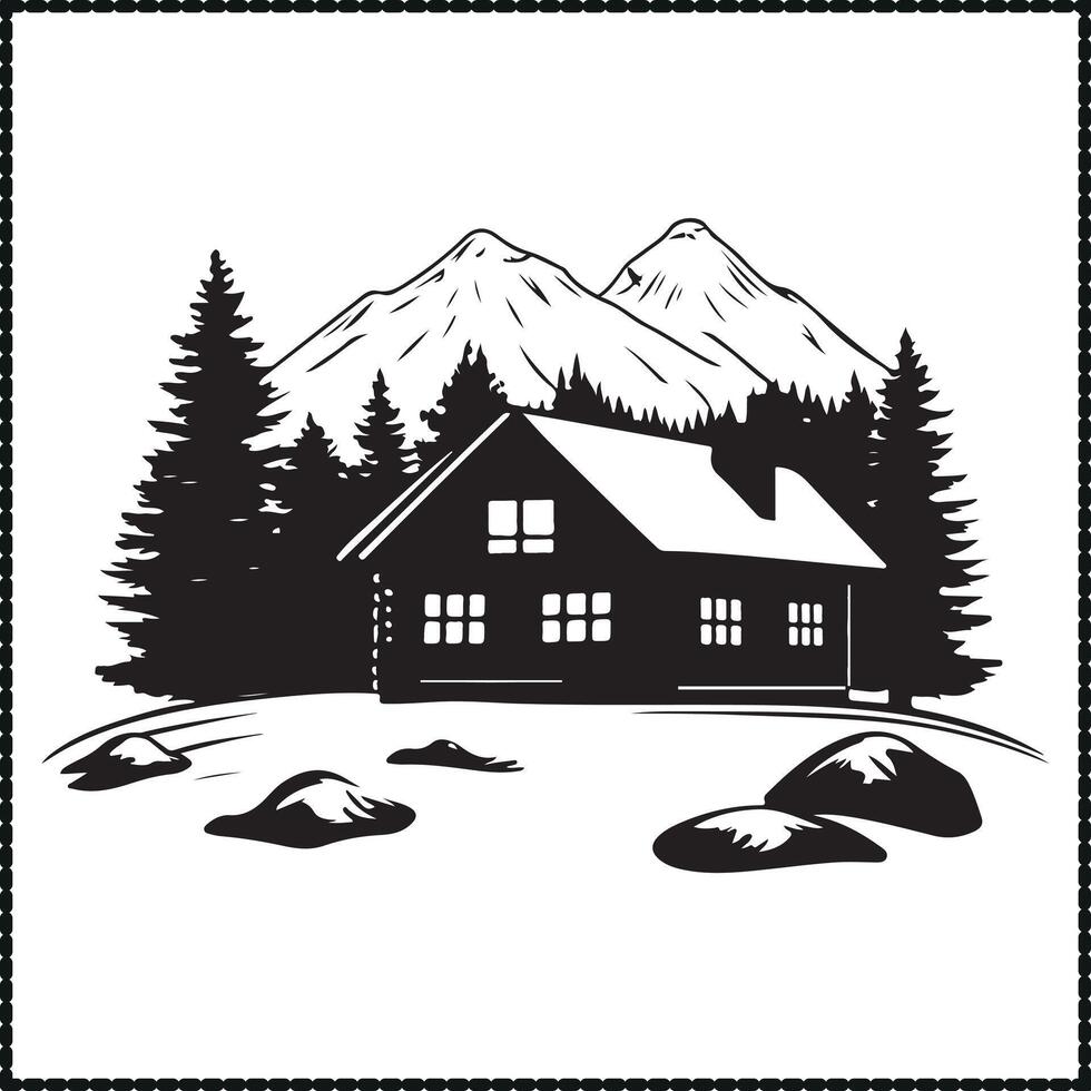 Mountain Cabin Silhouette, Rustic Clipart vector