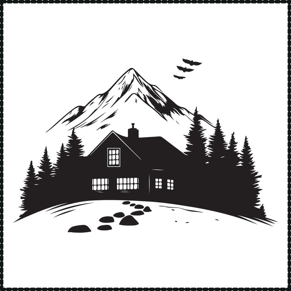 Mountain Forest House Silhouette, Nature Clipart vector
