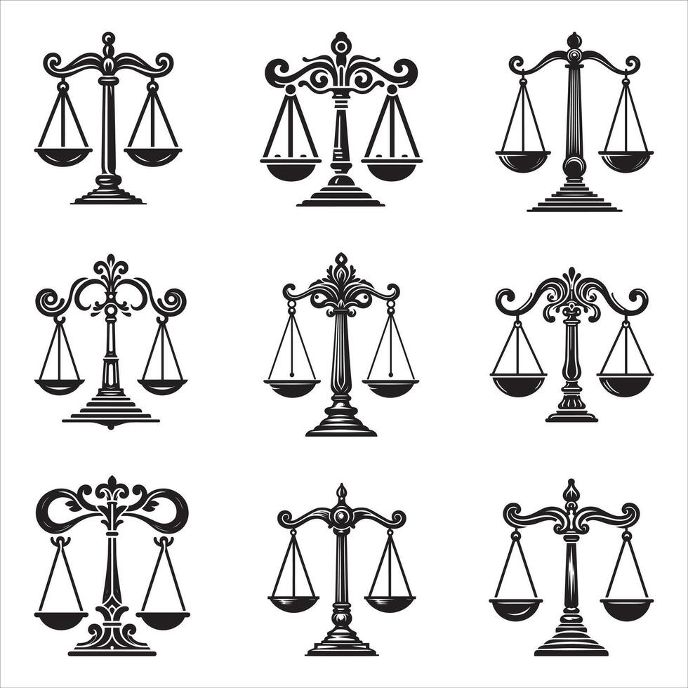 Scales Of Justice And Law Balance Symbols Icons Set Of Black And White Illustration On White Background vector