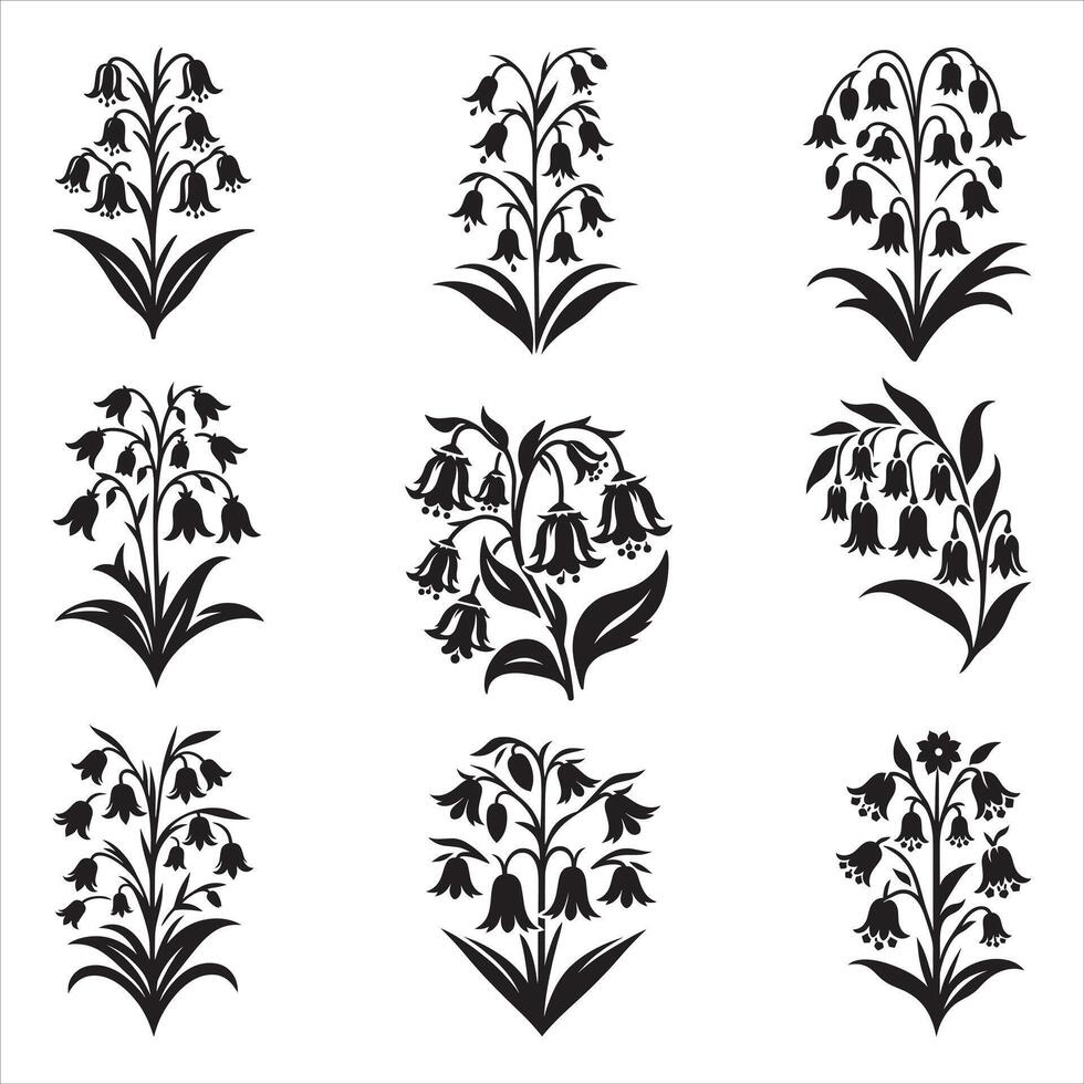 Lily Flower Outline Lineart Silhouette Icons Set Of Black And White Illustration On White Background vector