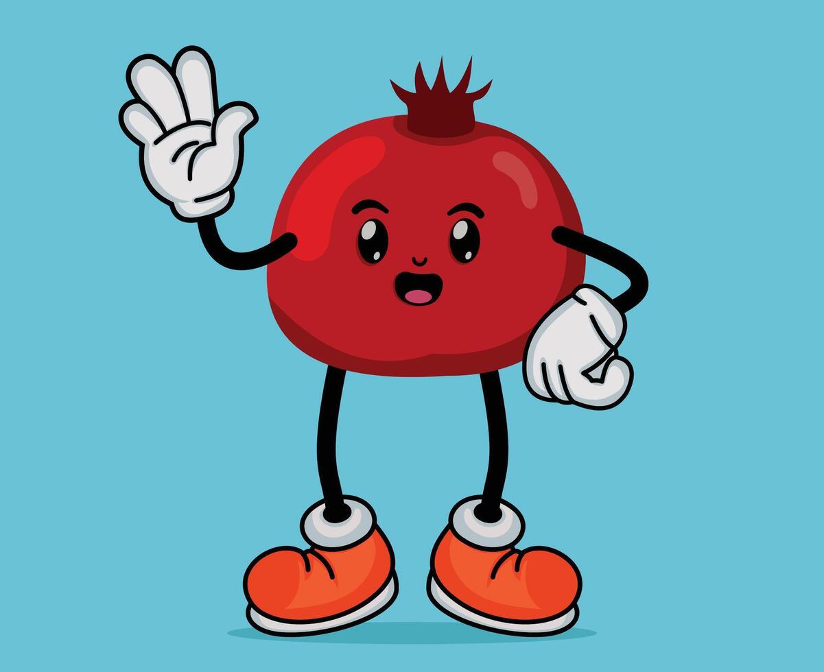 Pomegranate Fruit Mascot Waving Hand with Happy Expression in Flat Cute Cartoon Style or Pomegranate Fruit Cartoon Mascot with Arms and Legs vector