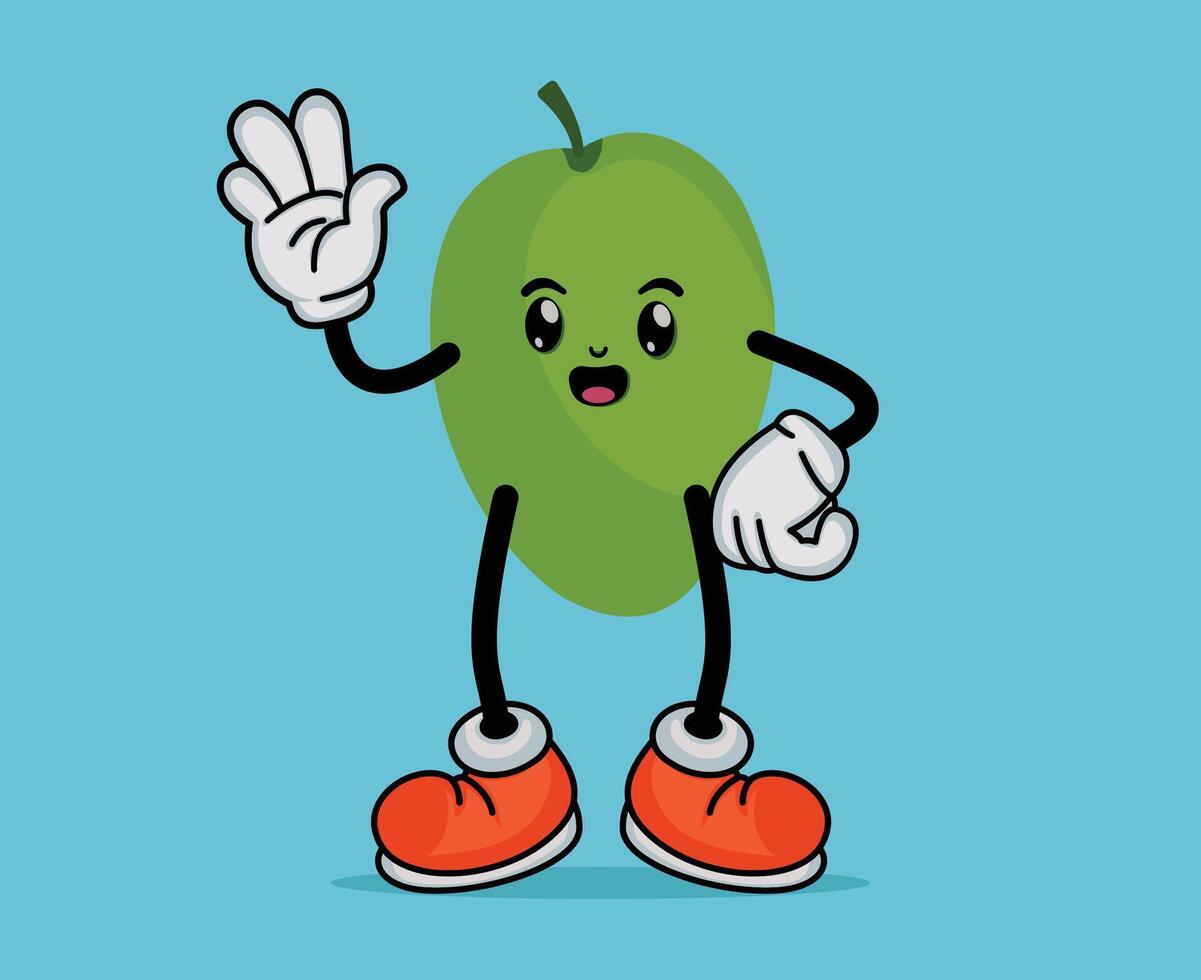 Mango Fruit Cartoon Mascot Waving Hand with Happy Expression in Flat Cute Cartoon Style or Mango Fruit Cartoon Mascot with Arms and Legs vector