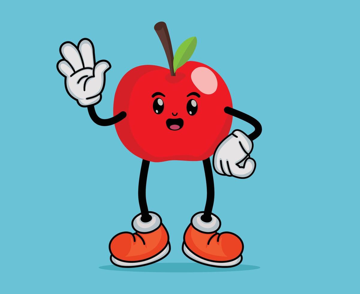 Apple Fruit Cartoon Mascot Waving Hand with Happy Expression in Flat Cute Cartoon Style or Apple Fruit Cartoon Mascot with Arms and Legs vector