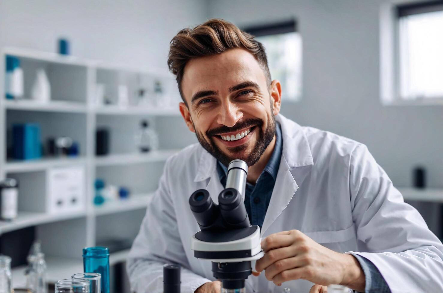 Handsome male scientist in a white lab coat looking at the camera and smiling while working with a microscope. Technician worker. Blood work or health service photo