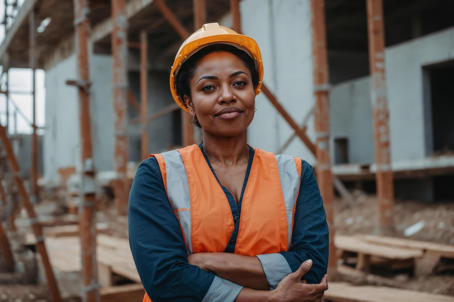 Construction site, architecture and black woman in portrait with arms crossed, maintenance or inspection. Engineering, business person or happy manager with helmet for safety, development or building photo