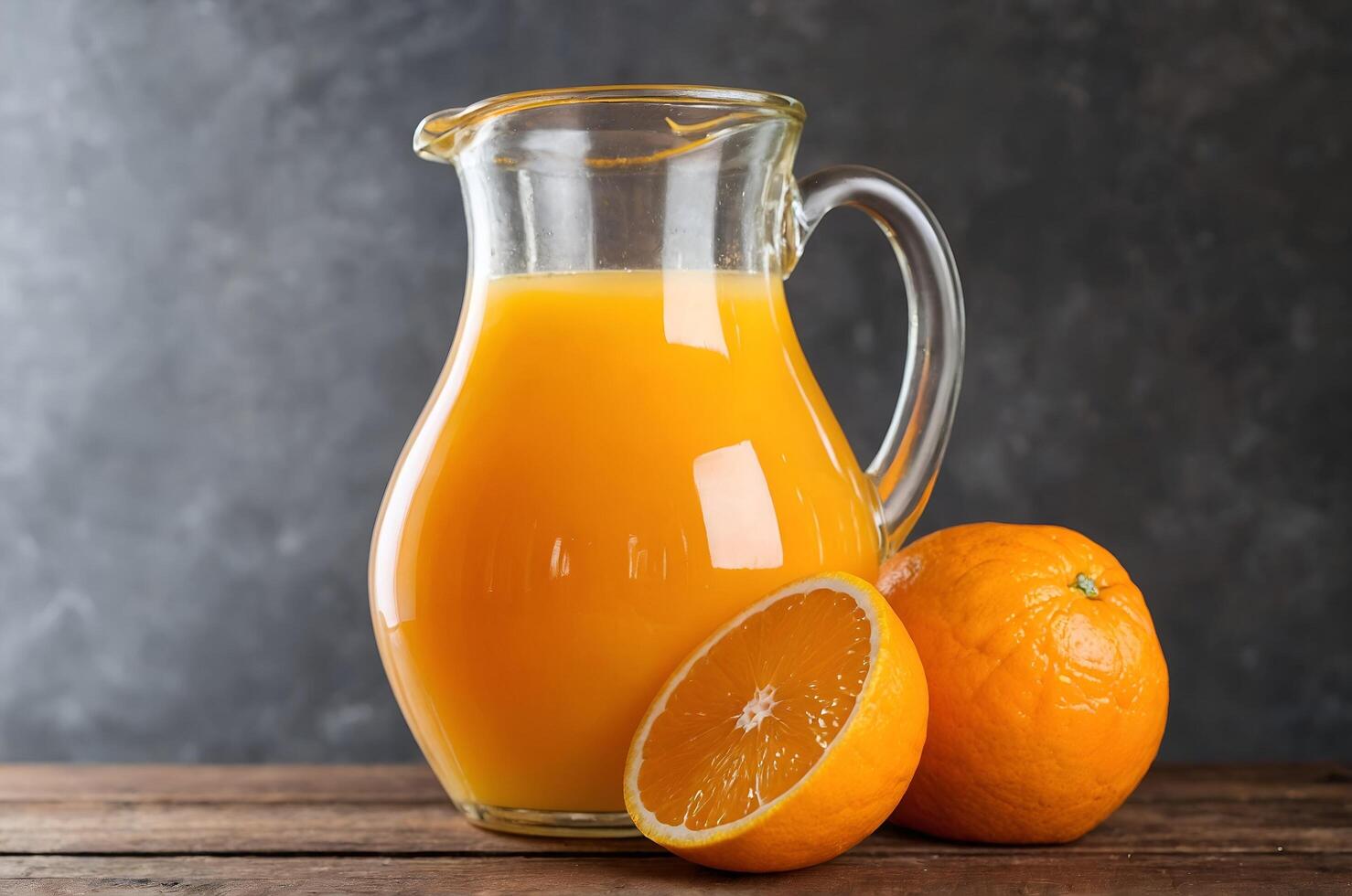 Orange juice in a jug on a wooden table photo
