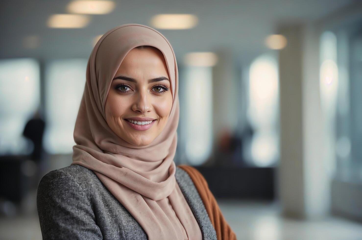 Confident Businesswoman in Hijab Smiling in a Modern Office Setting photo