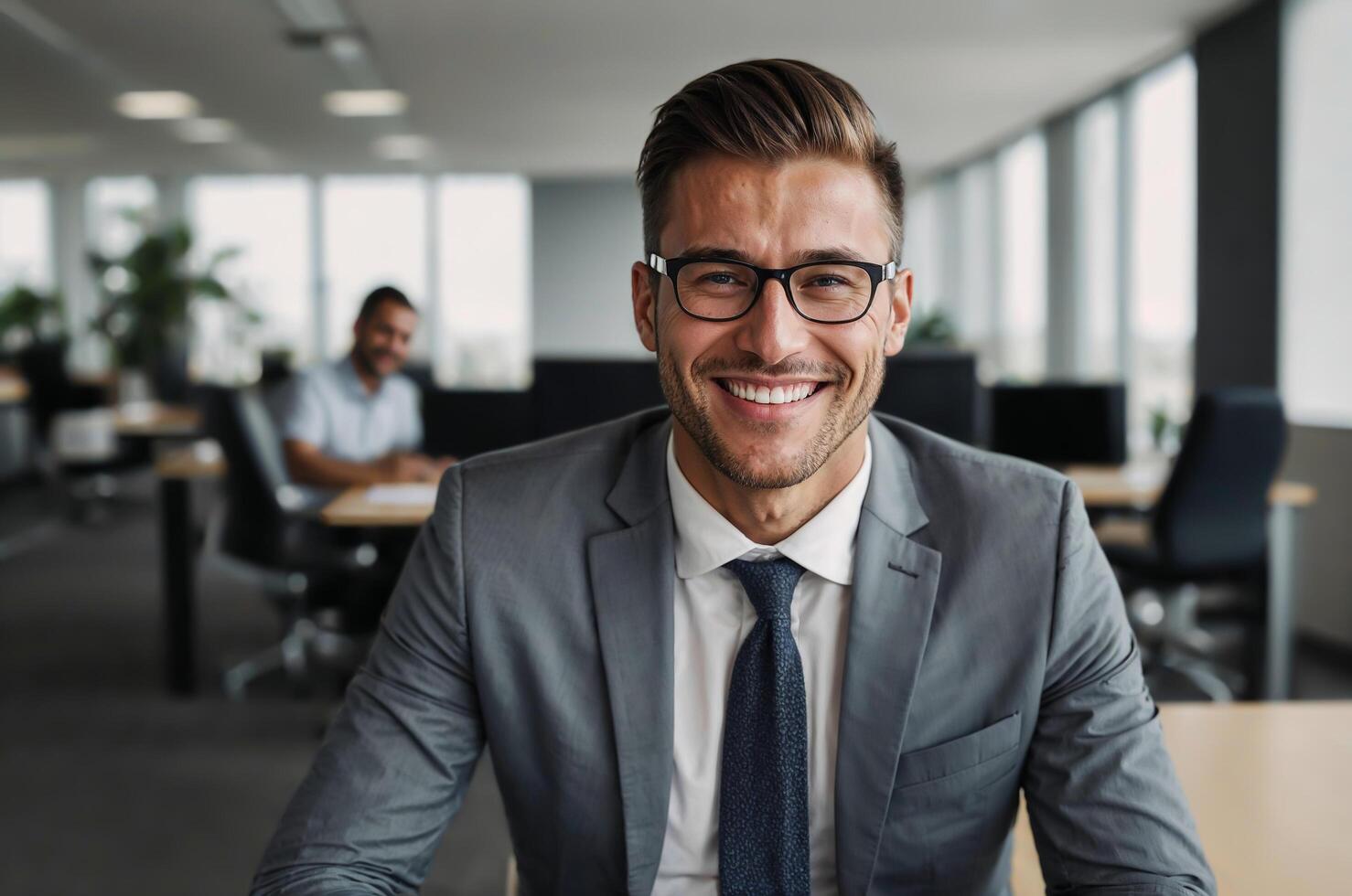 Confident Businessman Smiling in Modern Office Environment photo