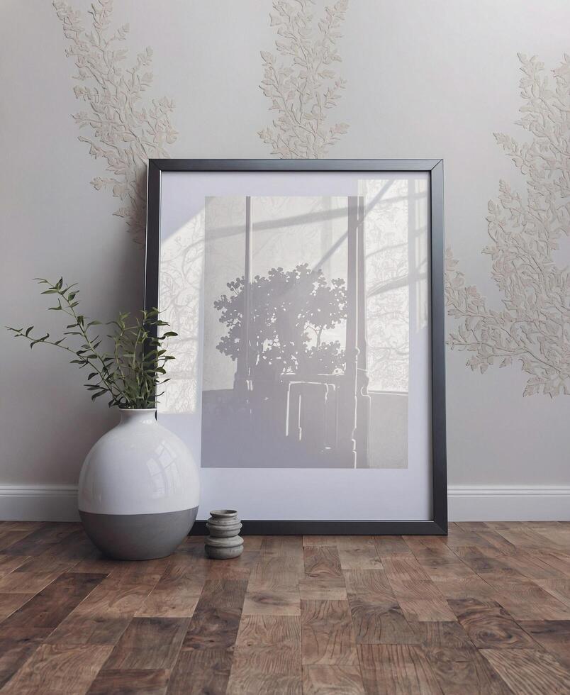 A framed photo of a plant on a table next to a vase