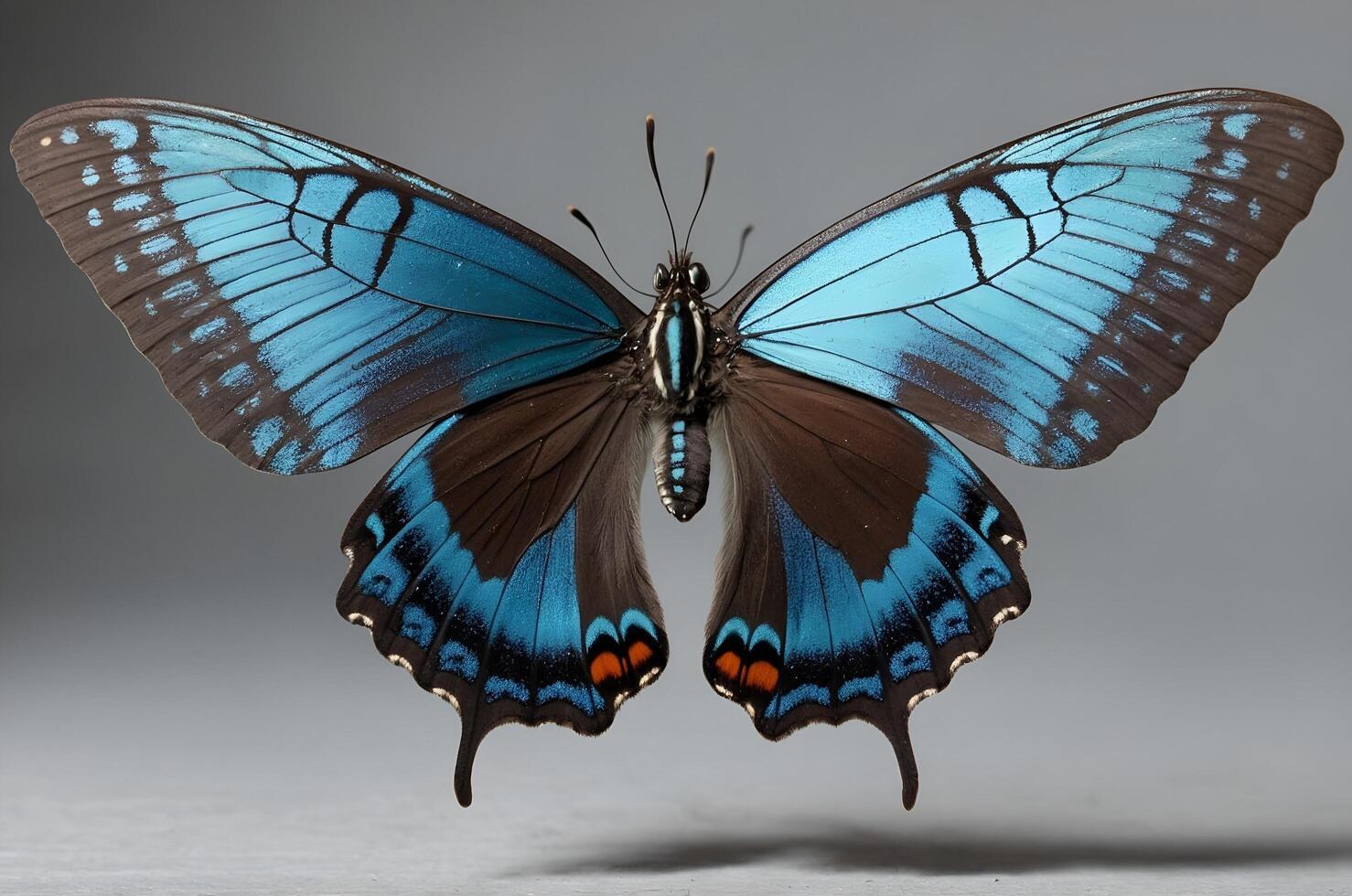 Vibrant Teal Butterfly with Open Wings on White Background photo
