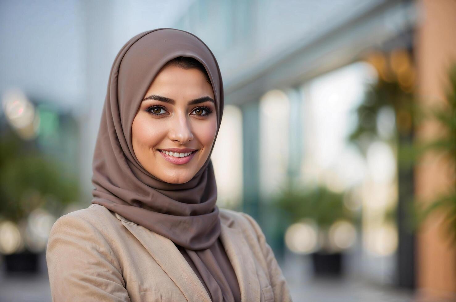 Confident Businesswoman in Hijab Smiling in a Modern Office Setting photo