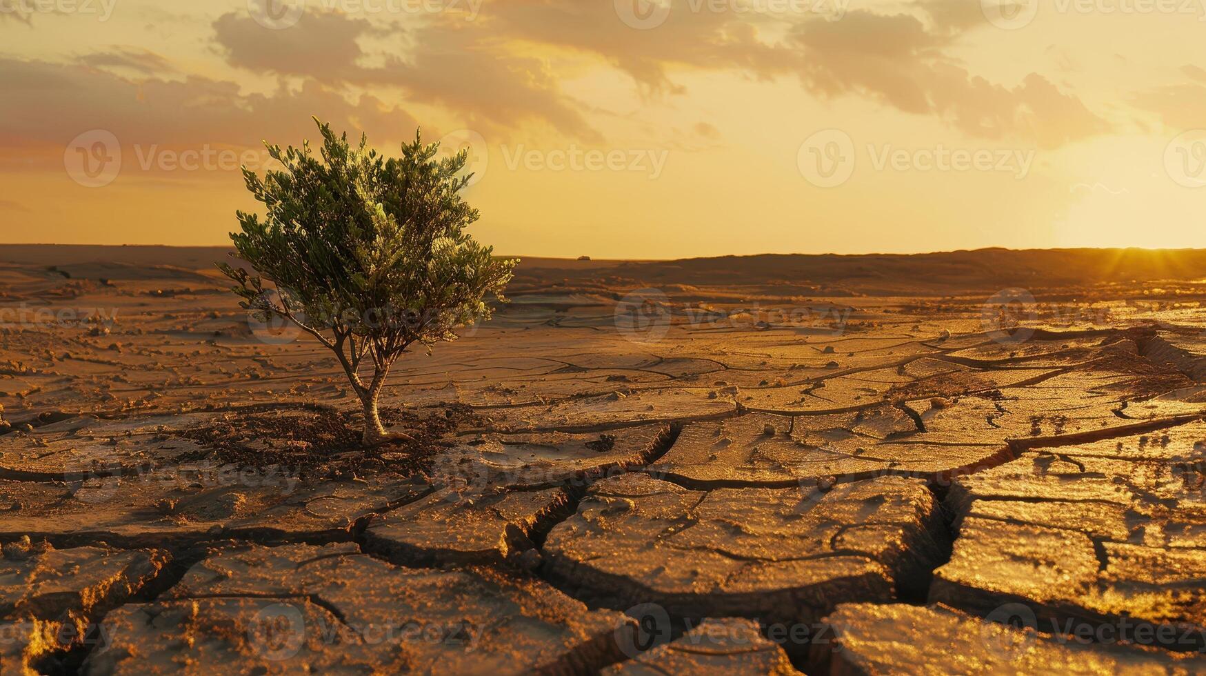 Plant growing on cracked ground with sunset sky background. Global warming and climate change concept photo