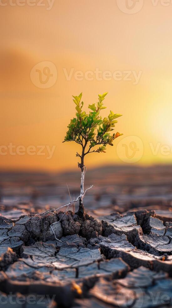 Plant growing on cracked ground with sunset sky background. Global warming and climate change concept photo