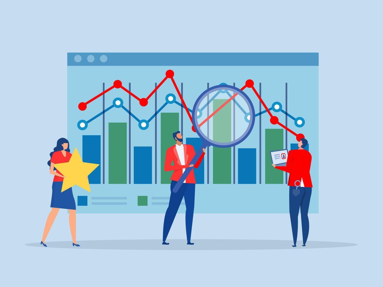 Benchmark performance or KPI key performance indicator growth or KPI measurement result, businessman magnify benchmark metric graph scale. vector