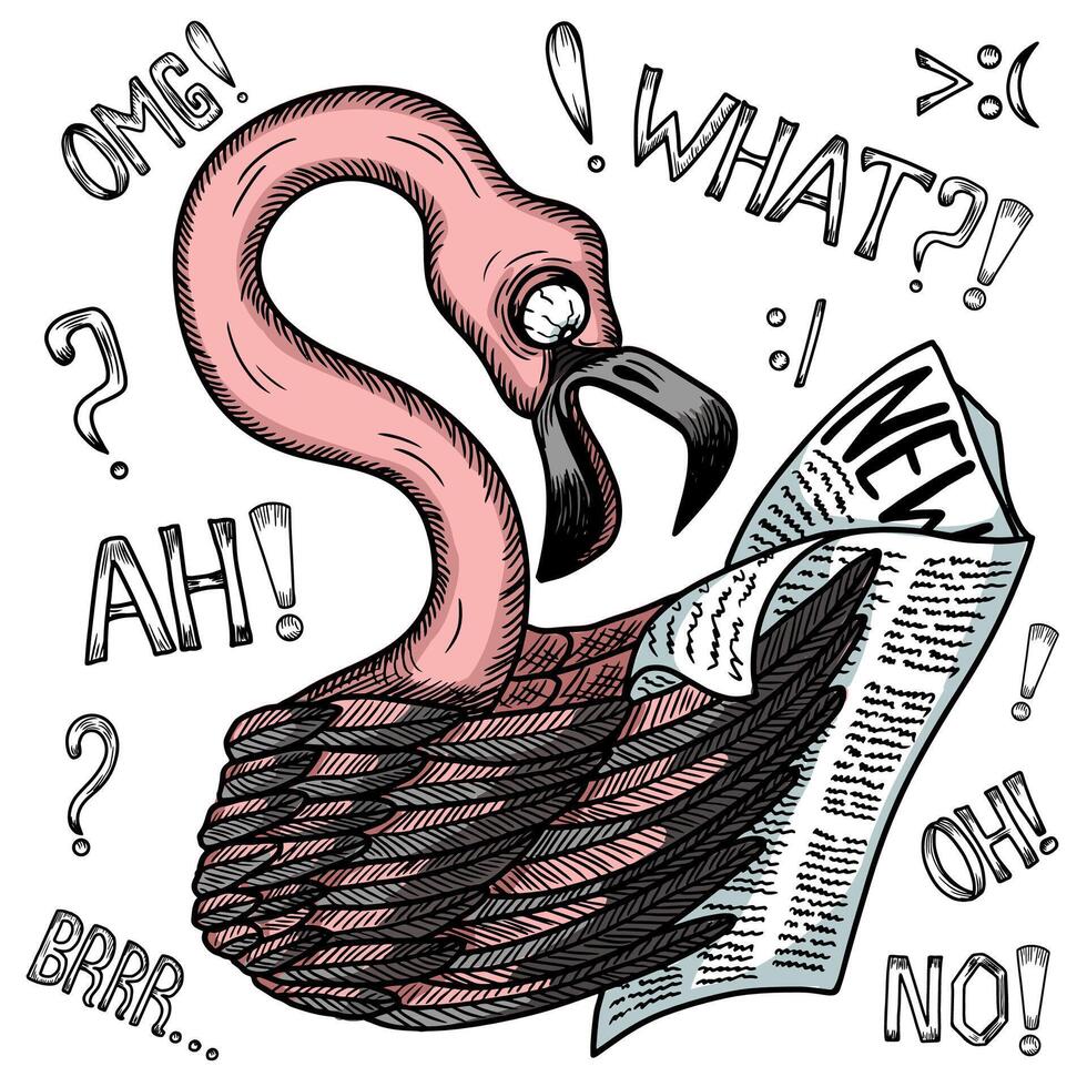 Hand drawn cartoon illustration of funny flamingo surprised to read the news and trendy text phrases, words and emoji isolated. Clip art, card or poster of comic animals reading a newspaper vector