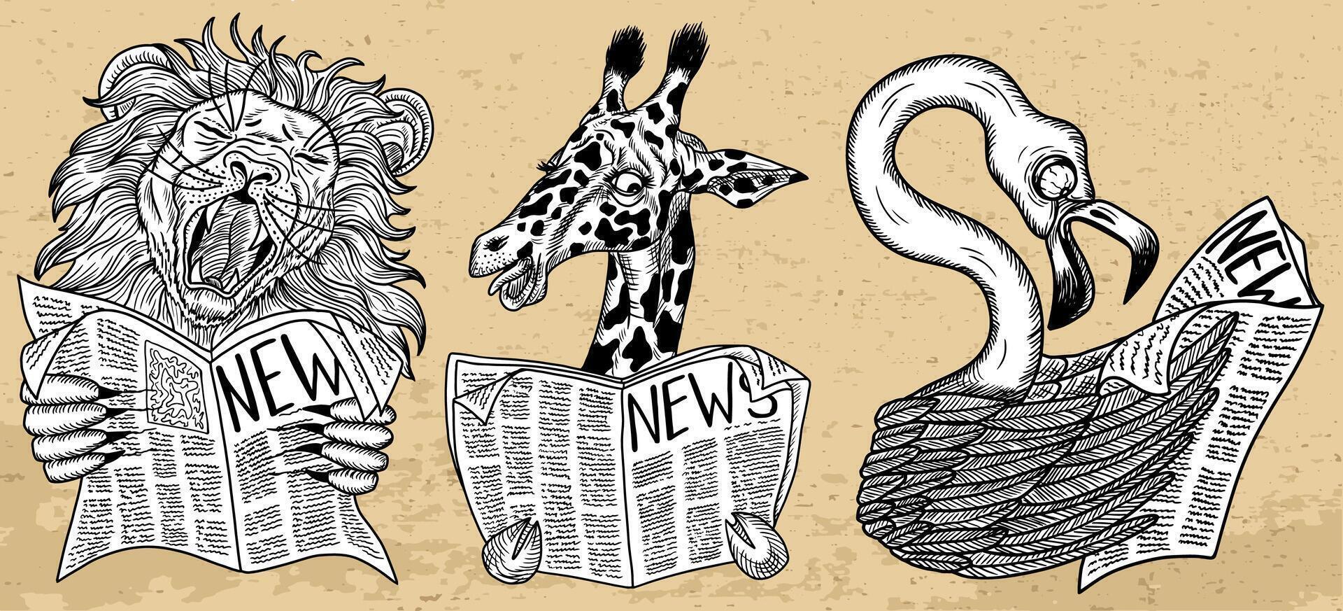 Design set with illustrations of cartoon funny lion, giraffe and flamingo surprised to read the news against textured background. Hand drawn clip arts of animals reading a newspaper. vector