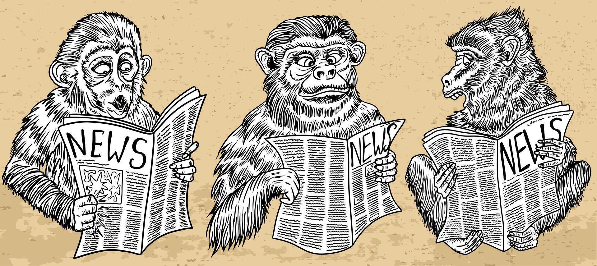 Design set with illustrations of cartoon funny monkeys surprised to read the news against textured background. Clip art of animals reading a newspaper. Hand drawn engraved comic artworks vector