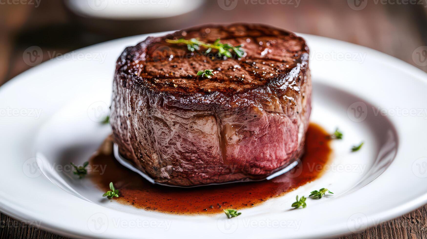 Beef steak with thyme on a white plate, close up photo