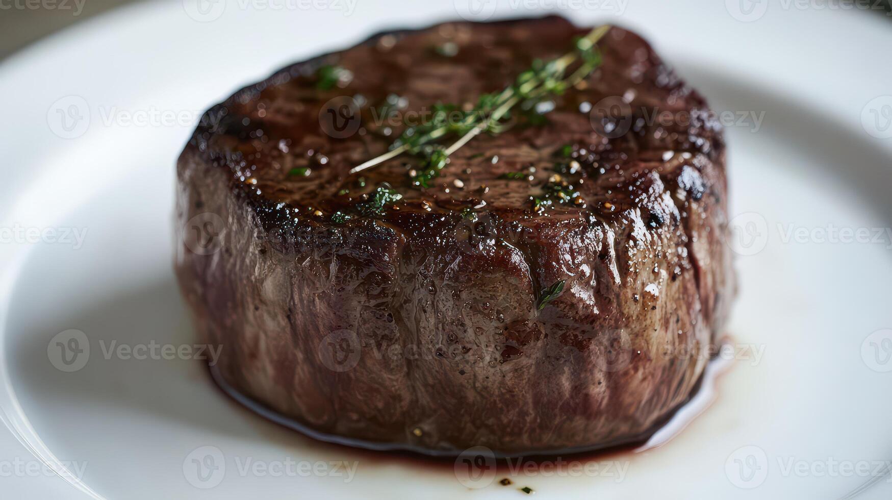 Beef steak with thyme on a white plate, close up photo