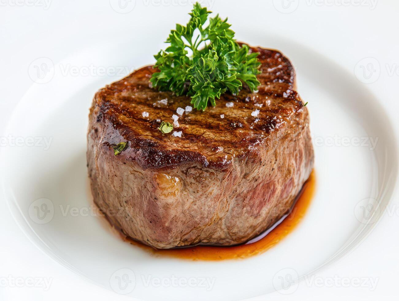 Beef steak with thyme on a white plate, close up photo