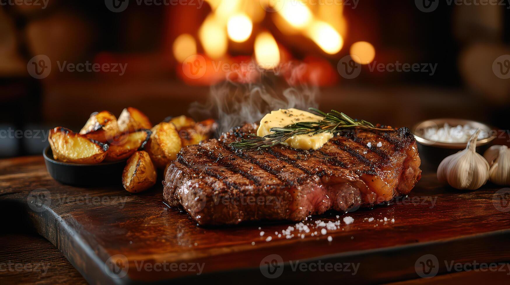 Grilled steak with baked potatoes and rosemary on a wooden board photo