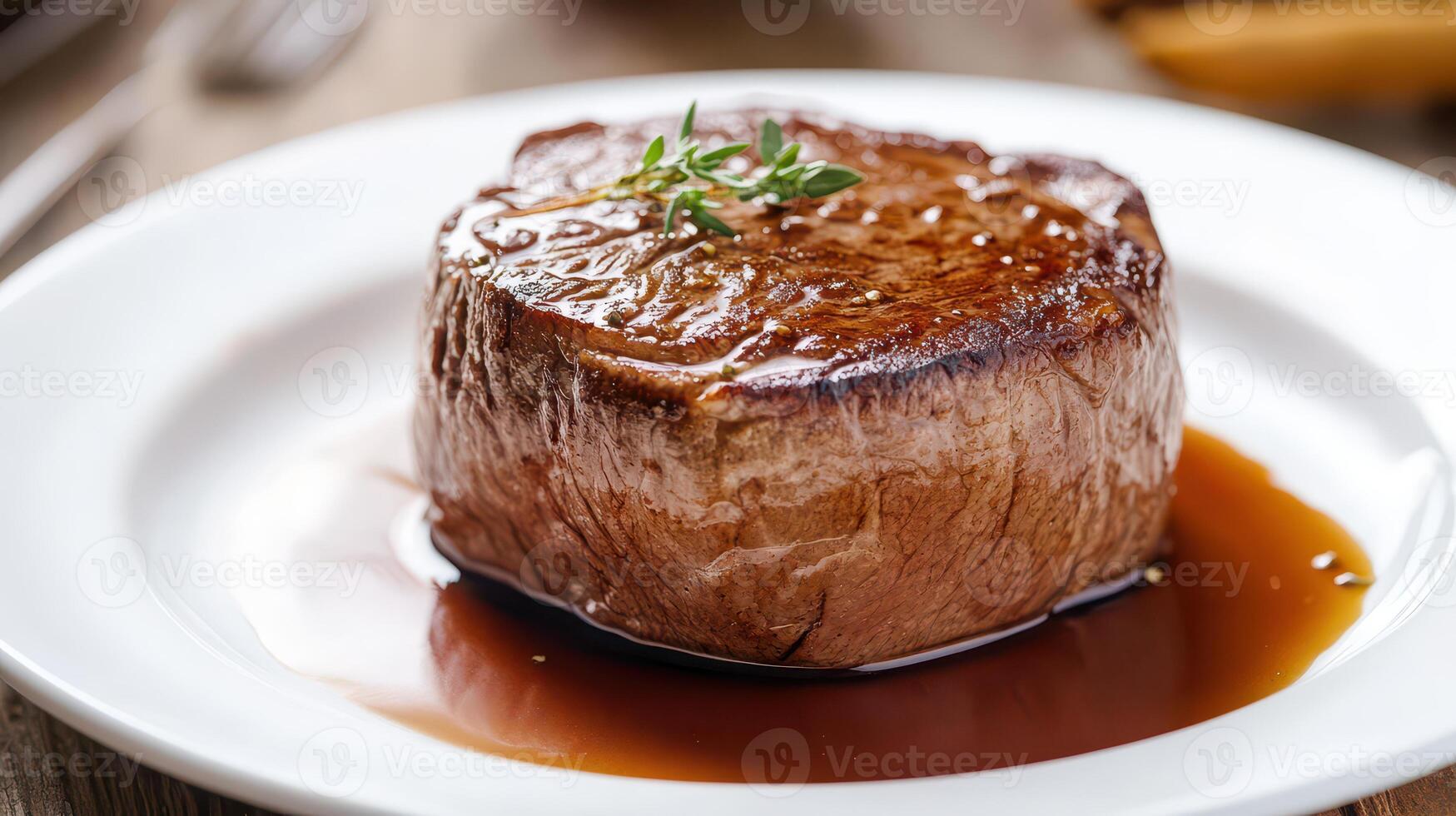 Beef steak with thyme on a white plate, close up photo