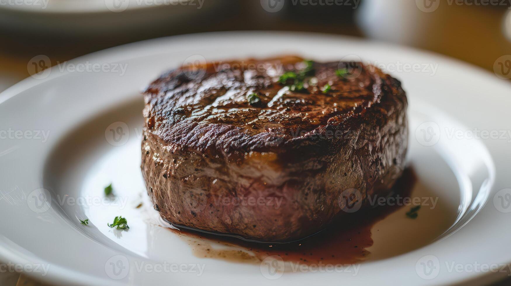 Beef steak with thyme on a white plate, close up photo